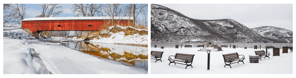 A snowy winter scene featuring the historic Oakalla Covered Bridge spanning Big Walnut Creek in rural Putnam County, Indiana, with Cold Spring Riverfront Park on the Hudson River empty on a brisk winter morning.