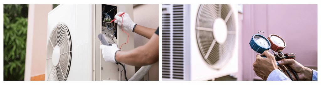 Close-up of a technician checking electric current voltage at a circuit breaker on an outdoor heat pump unit after installation.
Technician using a measuring manifold gauge for maintenance on an outdoor heat pump unit.
