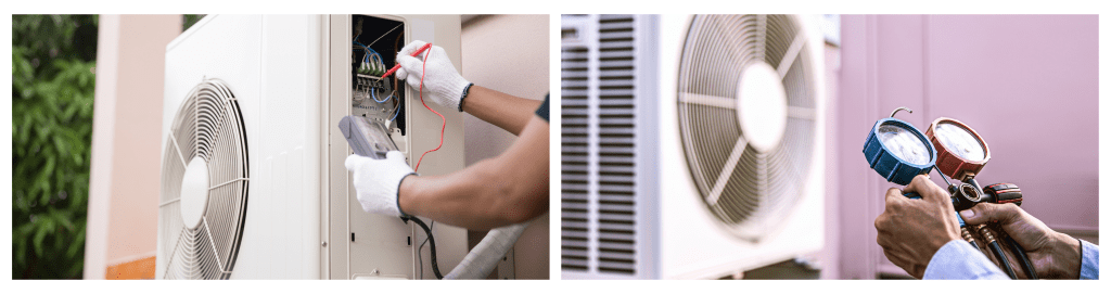 Close-up of a technician checking electric current voltage at a circuit breaker on an outdoor heat pump unit after installation.

Technician using a measuring manifold gauge for maintenance on an outdoor heat pump unit.