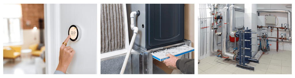 A cropped view of a hand adjusting the settings on a modern wireless thermostat mounted on the wall of a residential home, regulating the heating temperature.

A side-by-side comparison of an old, dirty furnace air filter next to a new, clean one, with a person replacing the dirty filter in a residential home.

A home utility room in a basement featuring boilers and an intricate network of pipes.