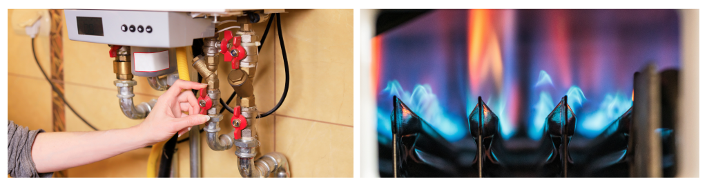 A woman inspects a gas furnace as it heats water in a residential home, ensuring everything is functioning properly.

Flames from a gas heating boiler visible through the viewing window as they ignite to heat water.