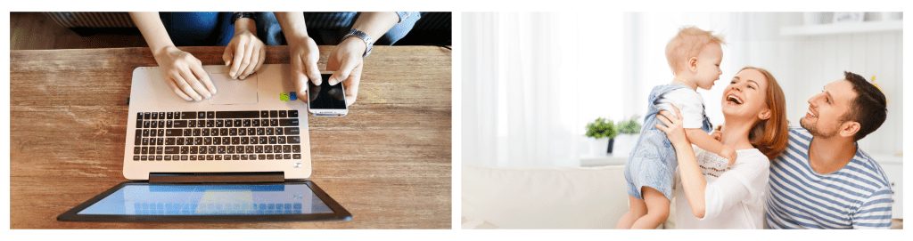 Aerial view of a couple sitting together in front of a laptop doing research HVAC services and getting ready to call an HVAC professional while holding a smartphone.
A happy family of three enjoying time together in a bright, airy room, playing with their baby and smiling.