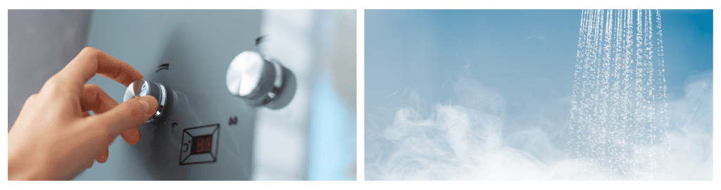 Close-up of a female hand adjusting the temperature on a modern home gas-fired water heater.

Shower with flowing water and visible steam.