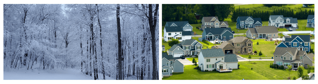 A freshly snow-covered landscape in Carmel, NY, captured right after a winter snowfall.

Aerial view of newly built family homes in a spacious suburban area of upstate New York, showcasing real estate development in American suburbs.