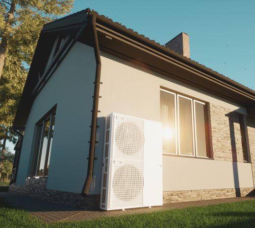 White heat pump installed outdoors at a modern home, basking in summer sunlight under a clear blue sky.