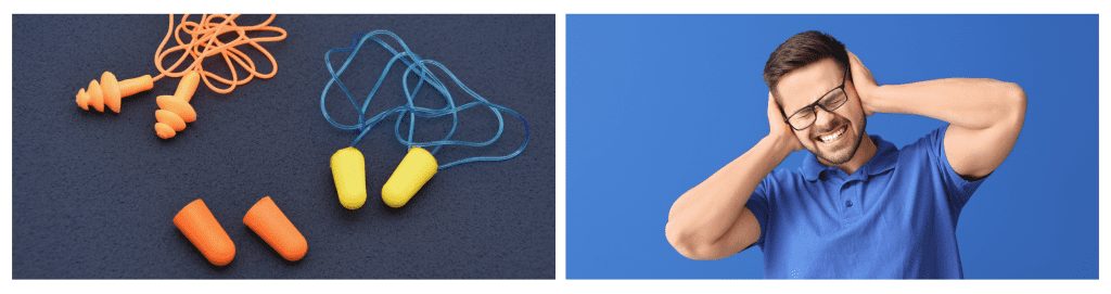 Three sets of ear protection foam plugs.
A young man grimaces from the loud noise, holding his ears against a blue background.