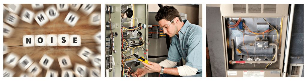 Noise from a furnace breakdown and blower motor malfunction.
A technician inspects and repairs the furnace.
A natural gas furnace located in a residential basement.