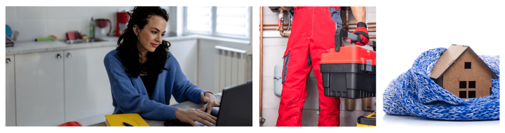 A woman sits at the kitchen table with her laptop, searching for an expert to repair her home furnace.

An HVAC service technician arrives with a toolbox, providing maintenance and repair services.

A model home, warmly wrapped in a blanket, symbolizes the comfort and warmth of a properly functioning heating system after a professional furnace repair.