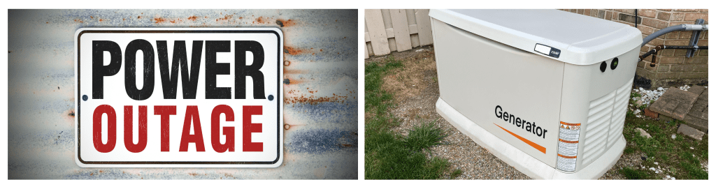 This two-panel image includes a power outage sign indicating a disruption in electricity service.
Followed by a Generac generator installed outdoors, providing emergency electricity during a power outage.