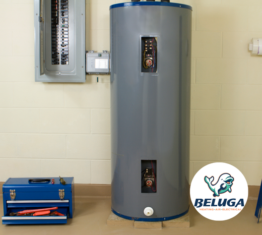 A blue tool box sites beside a residential water heater.
