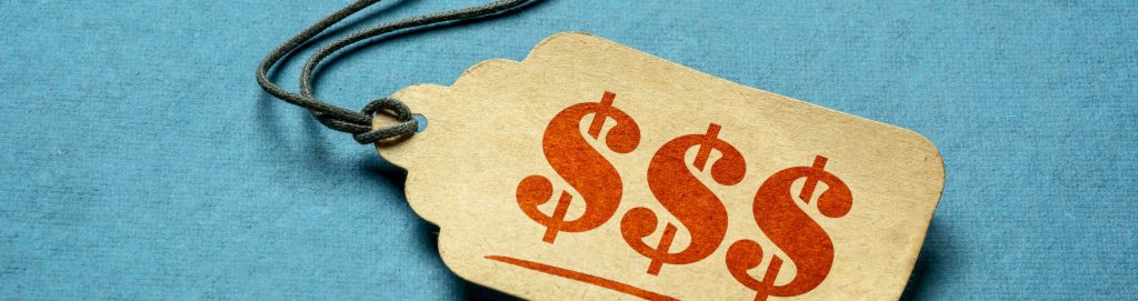 Blue background with a price tag with three dollar signs on it.