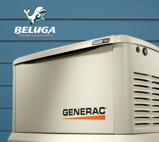 A close up image of a generac generator against blue siding.